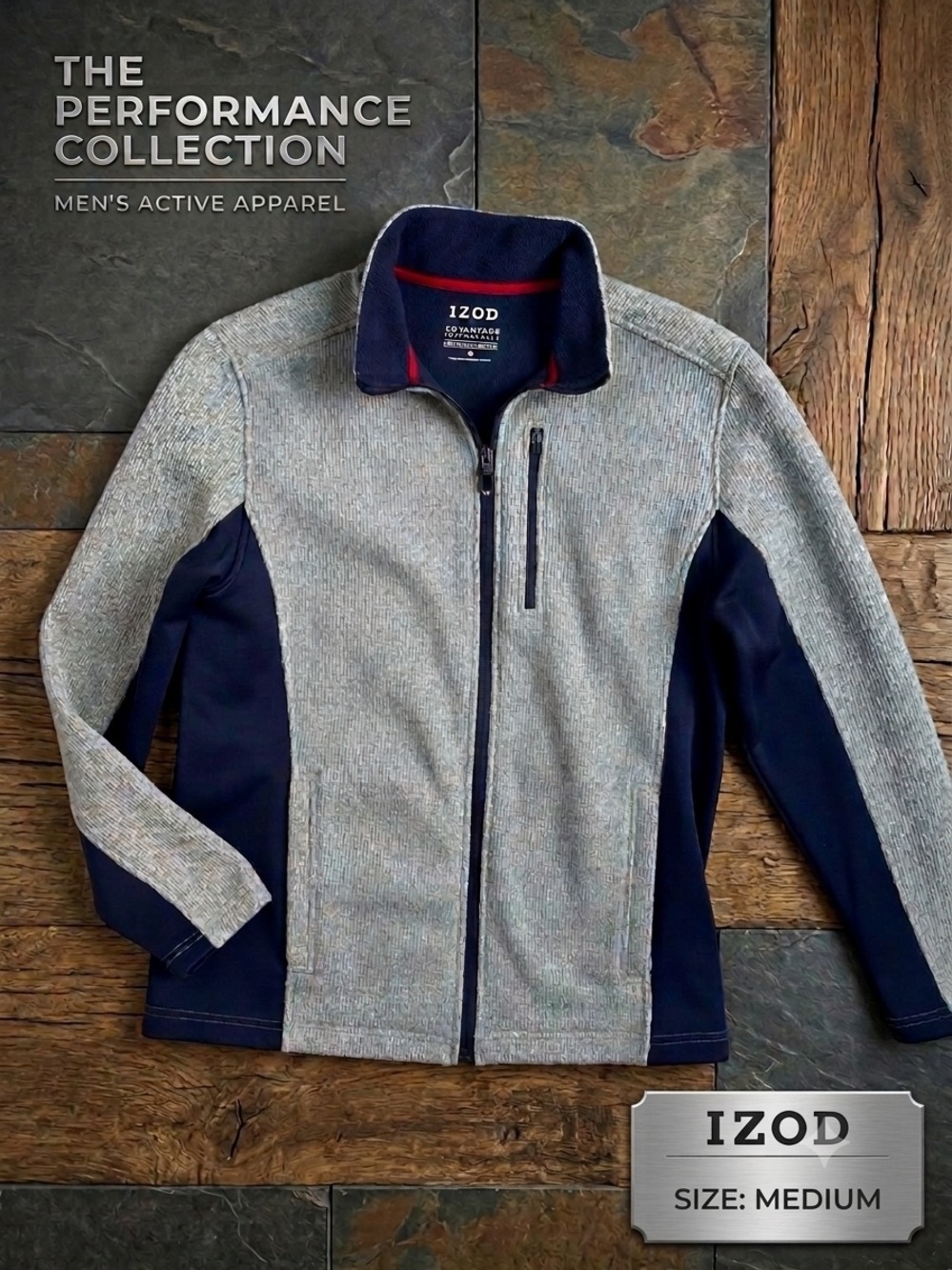 IZOD Advantage Performance Sweater Fleece Full Zip Jacket Gray Navy Men's M